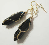 Black Onyx Crystal Point Gold Plated Wire Wrapped Artisan Earrings