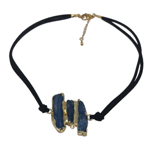 Raw Kyanite Gold Plated Black Velvet Suede Choker Necklace