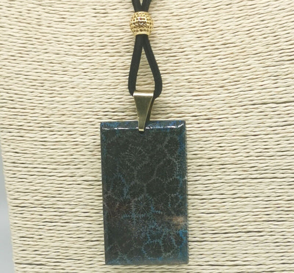 Natural Blue Fossil Coral Huge Pendant with Black Velvet Cord Necklace
