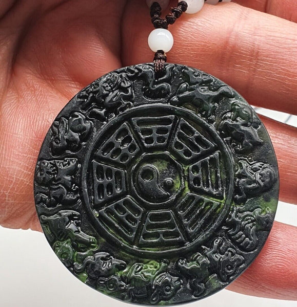Protection Obsidian Hand Carved Zodiac Feng Shui Amulet adjustable Necklace