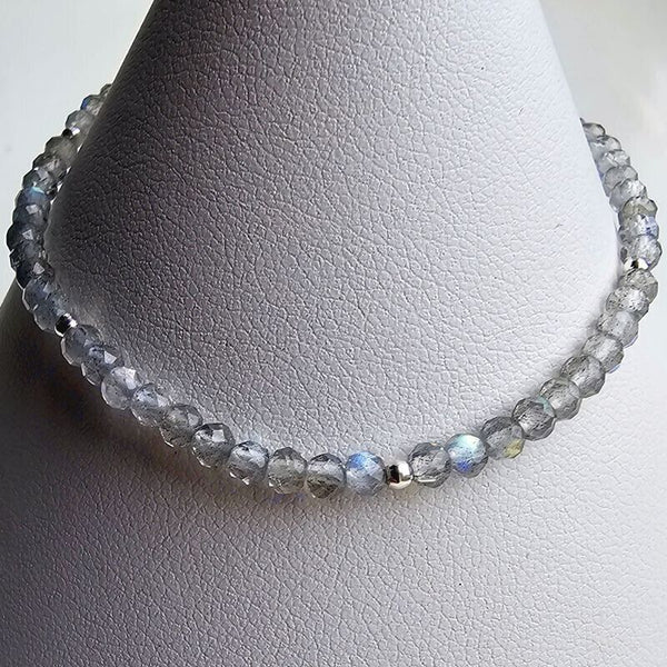 925 Sterling Silver & Fine Labradorite Beads Bracelet with Extender Chain 6.5"