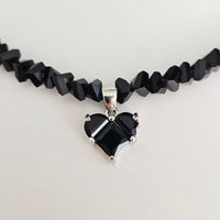 Black Crystal Heart & Beads- Silver Plated Necklace Choker -#1