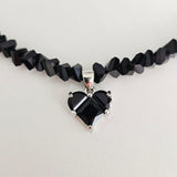 Black Crystal Heart & Beads- Silver Plated Necklace Choker -#1