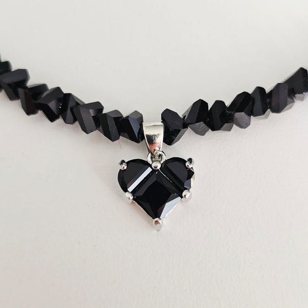Black Crystal Heart & Beads- Silver Plated Necklace Choker -#1