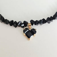 Black Crystal Heart & Beads- Gold Plated Necklace Choker -#2