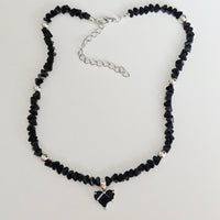 Black Crystal Heart & Beads- Silver Plated Necklace Choker -#1