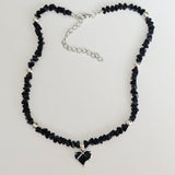 Black Crystal Heart & Beads- Silver Plated Necklace Choker -#1