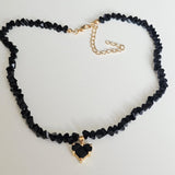 Black Crystal Heart & Beads- Gold Plated Necklace Choker -#2