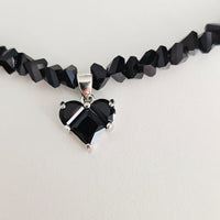 Black Crystal Heart & Beads- Silver Plated Necklace Choker -#1