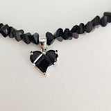 Black Crystal Heart & Beads- Silver Plated Necklace Choker -#1