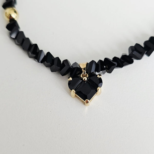 Black Crystal Heart & Beads - Gold Plated Necklace Choker -#1
