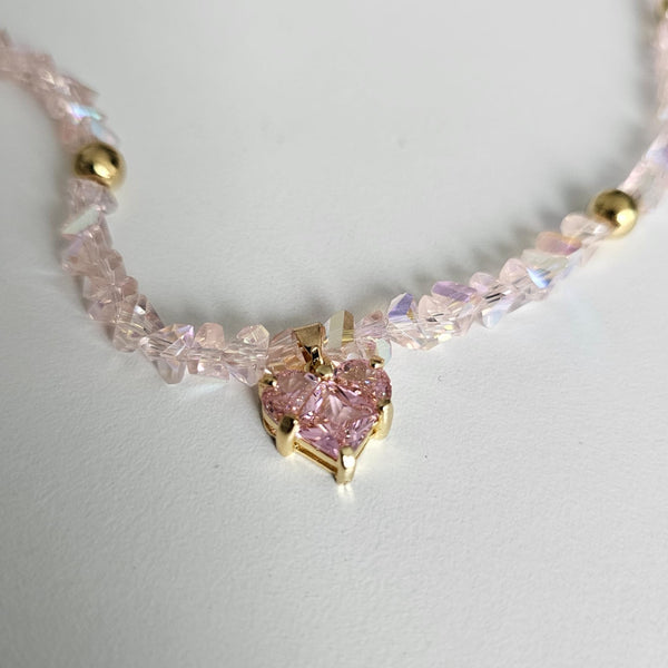 Pink Crystal Heart Beaded Gold Plated Necklace Choker -#1