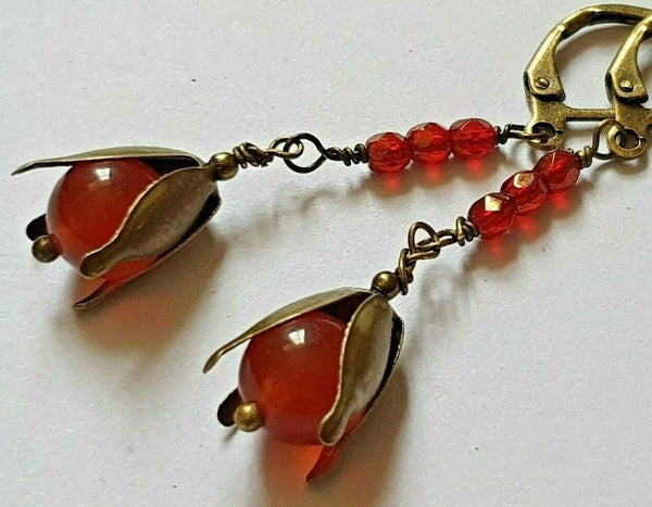 Carnelian gemstone and orange crystals antique bronze artisan earrings