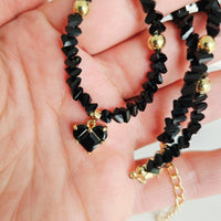 Black Crystal Heart & Beads - Gold Plated Necklace Choker -#1