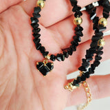 Black Crystal Heart & Beads - Gold Plated Necklace Choker -#1