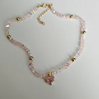 Pink Crystal Heart Beaded Gold Plated Necklace Choker -#1