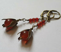 Carnelian gemstone and orange crystals antique bronze artisan earrings