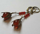 Carnelian gemstone and orange crystals antique bronze artisan earrings