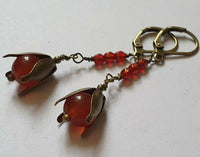 Carnelian gemstone and orange crystals antique bronze artisan earrings