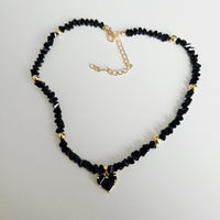 Black Crystal Heart & Beads - Gold Plated Necklace Choker -#1