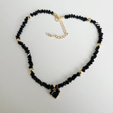Black Crystal Heart & Beads - Gold Plated Necklace Choker -#1