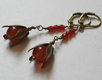 Carnelian gemstone and orange crystals antique bronze artisan earrings