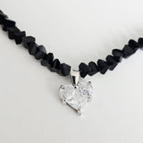 Crystal Clear Heart Black Beads - Silver Plated Necklace Choker -#2