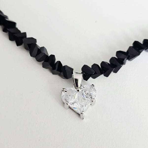 Crystal Clear Heart Black Beads - Silver Plated Necklace Choker -#2