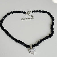 Crystal Clear Heart Black Beads - Silver Plated Necklace Choker -#2