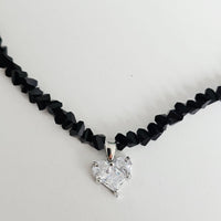 Crystal Clear Heart Black Beads - Silver Plated Necklace Choker -#2