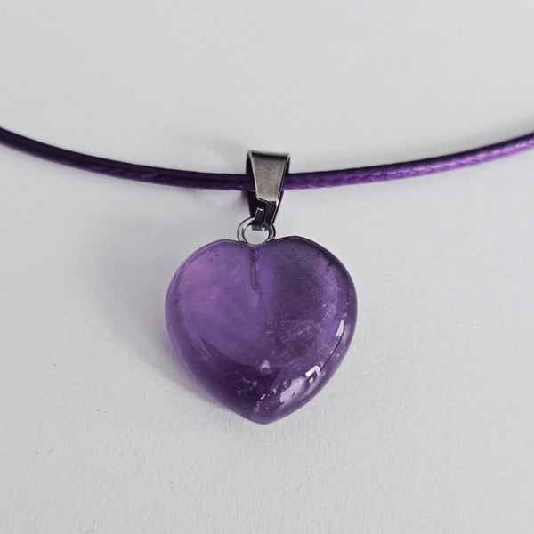 Amethyst crystal heart healing yoga reiki charm stainless steel choker necklace