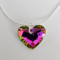 Purple & Green Crystal AB Heart Pendant 925 Sterling Silver Snake Chain Necklace