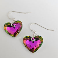 Purple & Green AB Crystal Hearts 925 Sterling Silver Earrings