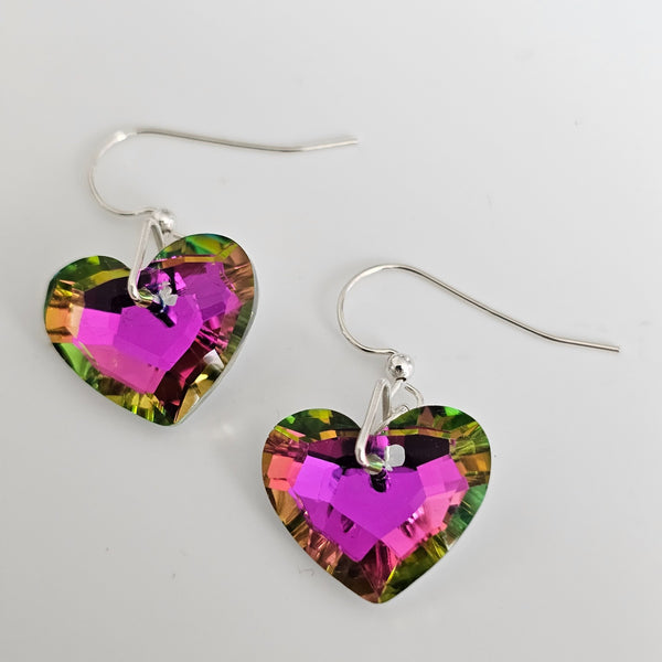 Purple & Green AB Crystal Hearts 925 Sterling Silver Earrings