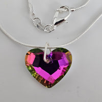 Purple & Green Crystal AB Heart Pendant 925 Sterling Silver Snake Chain Necklace