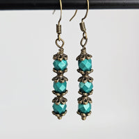 Czech Crystals Antique Bronze Column Drop Earrings - Peacock
