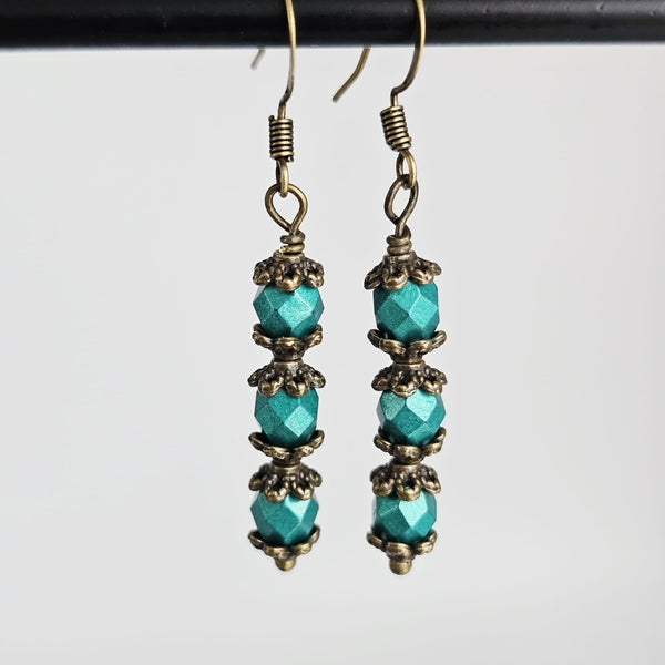Czech Crystals Antique Bronze Column Drop Earrings - Peacock