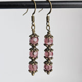 Czech Crystals Antique Bronze Column Drop Earrings - Rose