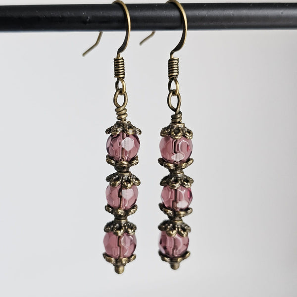 Czech Crystals Antique Bronze Column Drop Earrings - Rose