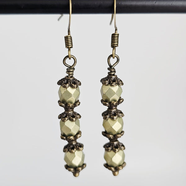 Czech Crystals Antique Bronze Column Drop Earrings - Metalic Brass