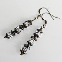 Czech Crystals Antique Bronze Column Drop Earrings - Clear Vitrail