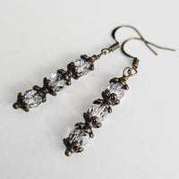 Czech Crystals Antique Bronze Column Drop Earrings - Clear Vitrail