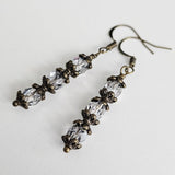 Czech Crystals Antique Bronze Column Drop Earrings - Clear Vitrail