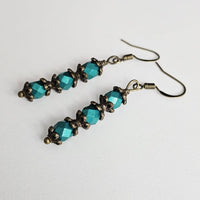 Czech Crystals Antique Bronze Column Drop Earrings - Peacock