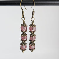 Czech Crystals Antique Bronze Column Drop Earrings - Rose