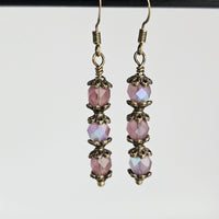 Czech Crystals Antique Bronze Column Drop Earrings - Milky Light Amethyst