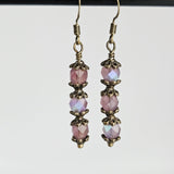 Czech Crystals Antique Bronze Column Drop Earrings - Milky Light Amethyst