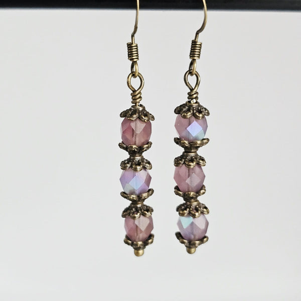 Czech Crystals Antique Bronze Column Drop Earrings - Milky Light Amethyst