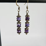 Czech Crystals Antique Bronze Column Drop Earrings - Dark Milky Amethyst