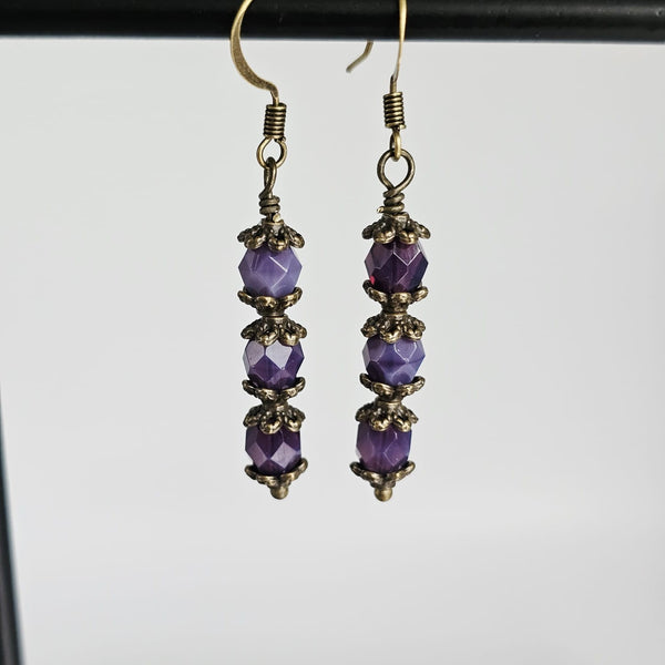 Czech Crystals Antique Bronze Column Drop Earrings - Dark Milky Amethyst